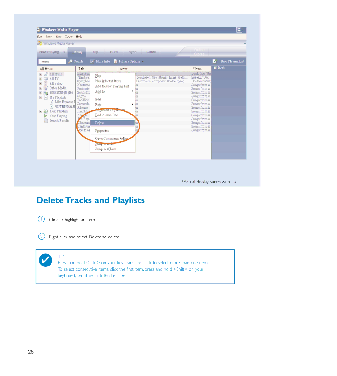 Philips audio players user manual Delete Tracks and Playlists 