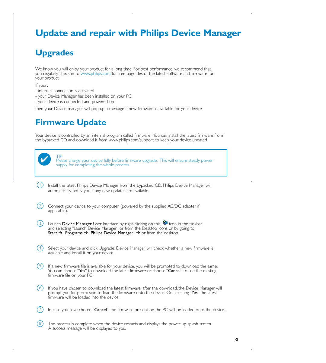 Philips audio players user manual Upgrades, Firmware Update 