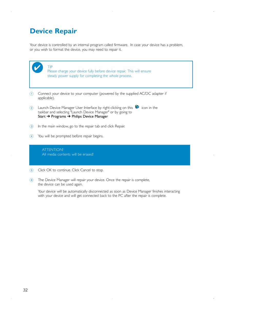 Philips audio players user manual Device Repair, All media contents will be erased 