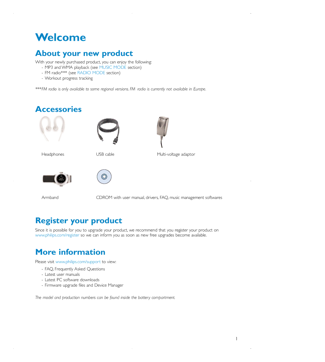 Philips audio players user manual About your new product, Accessories, Register your product More information 