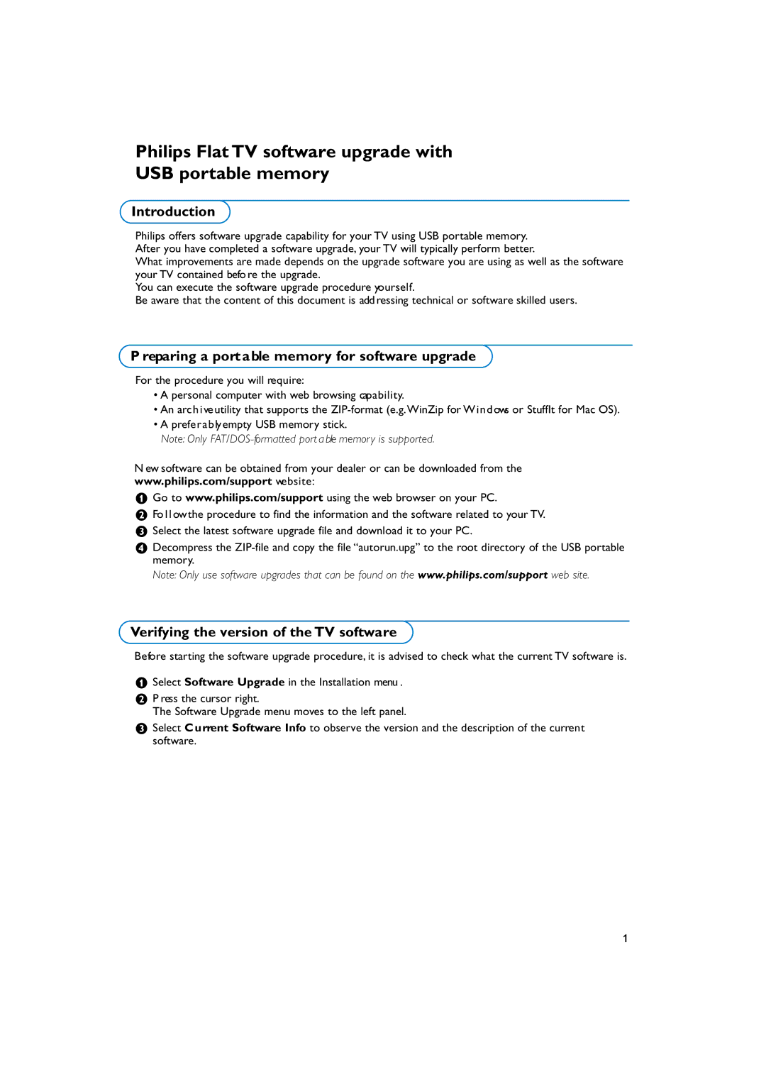 Philips AV-452 manual Philips Flat TV software upgrade with USB portable memory, Introduction 