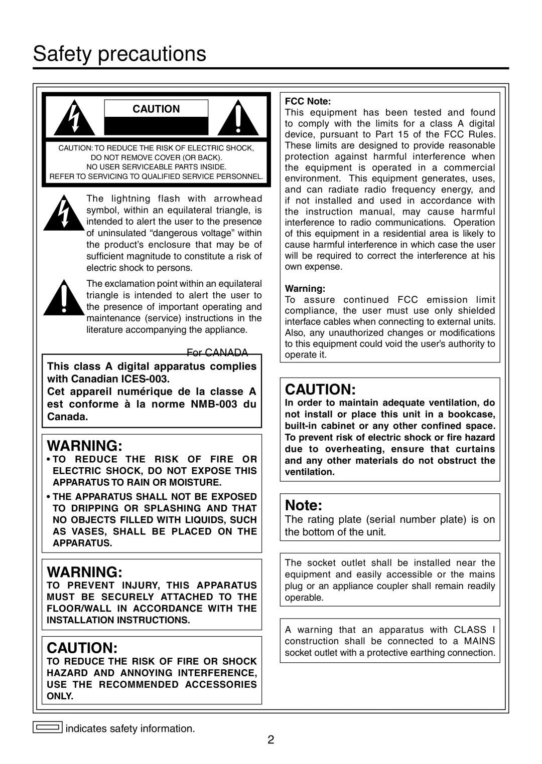 Philips AV-HS300G manual Safety precautions, FCC Note 