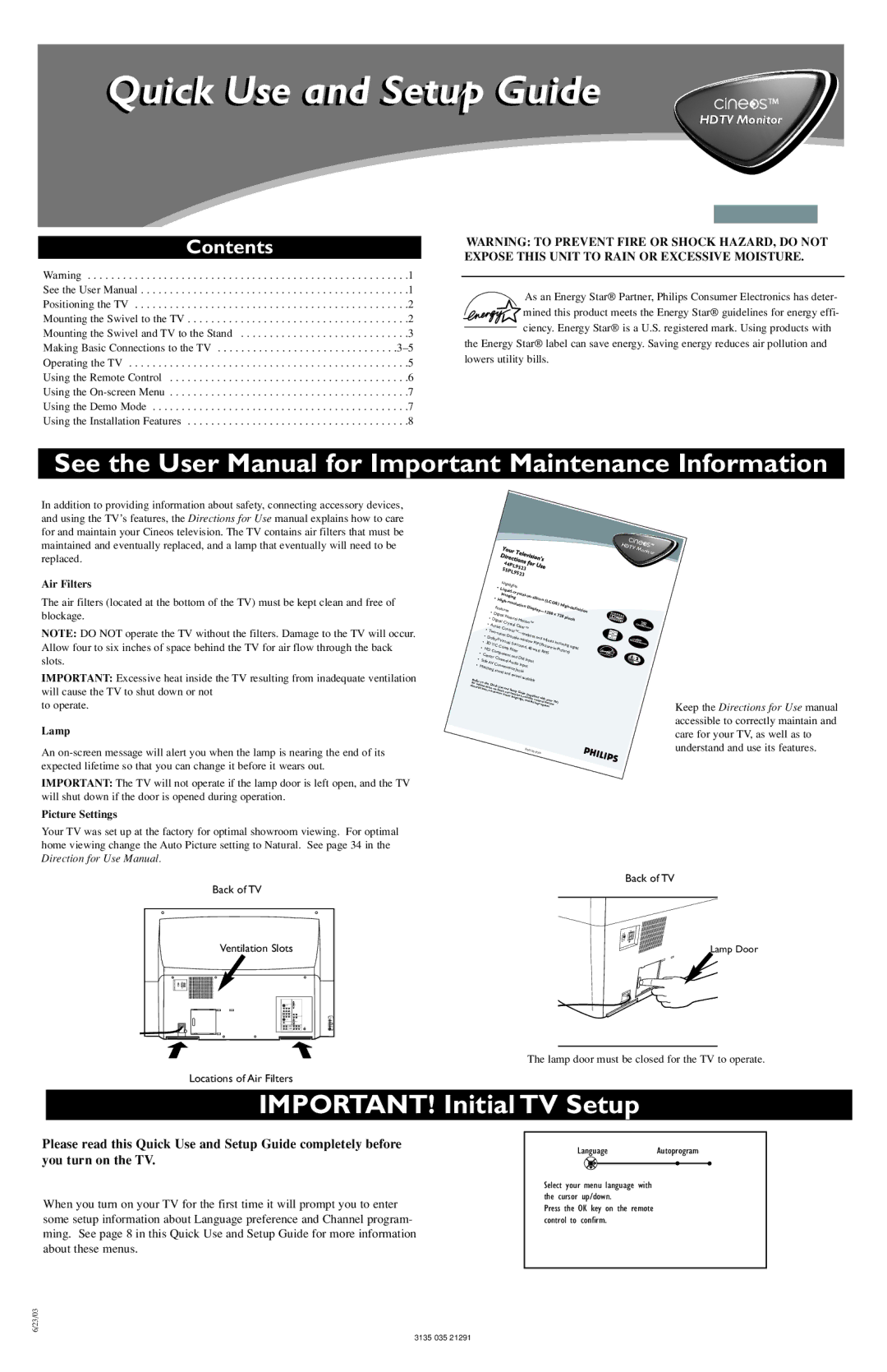 Philips AV3, AV4, AV6, AV2, AV5 user manual IMPORTANT! Initial TV Setup, Contents 