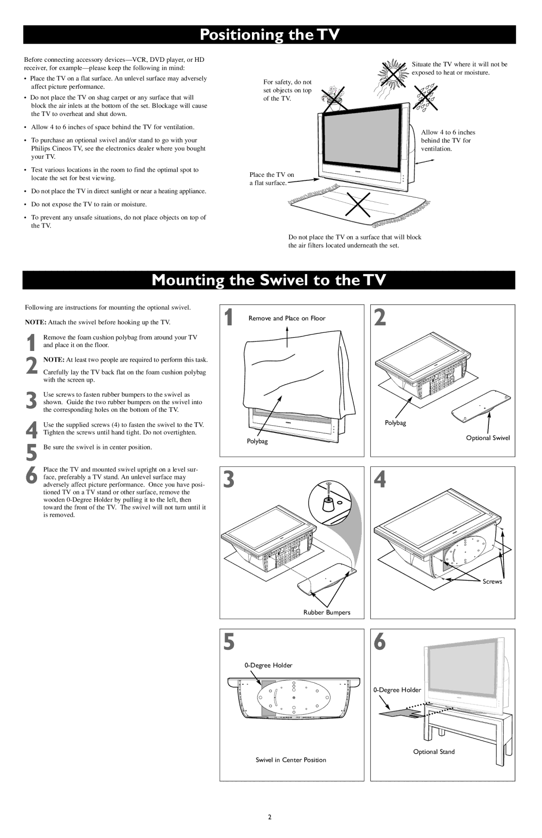 Philips AV6, AV4, AV3, AV2, AV5 user manual Positioning the TV, Mounting the Swivel to the TV 