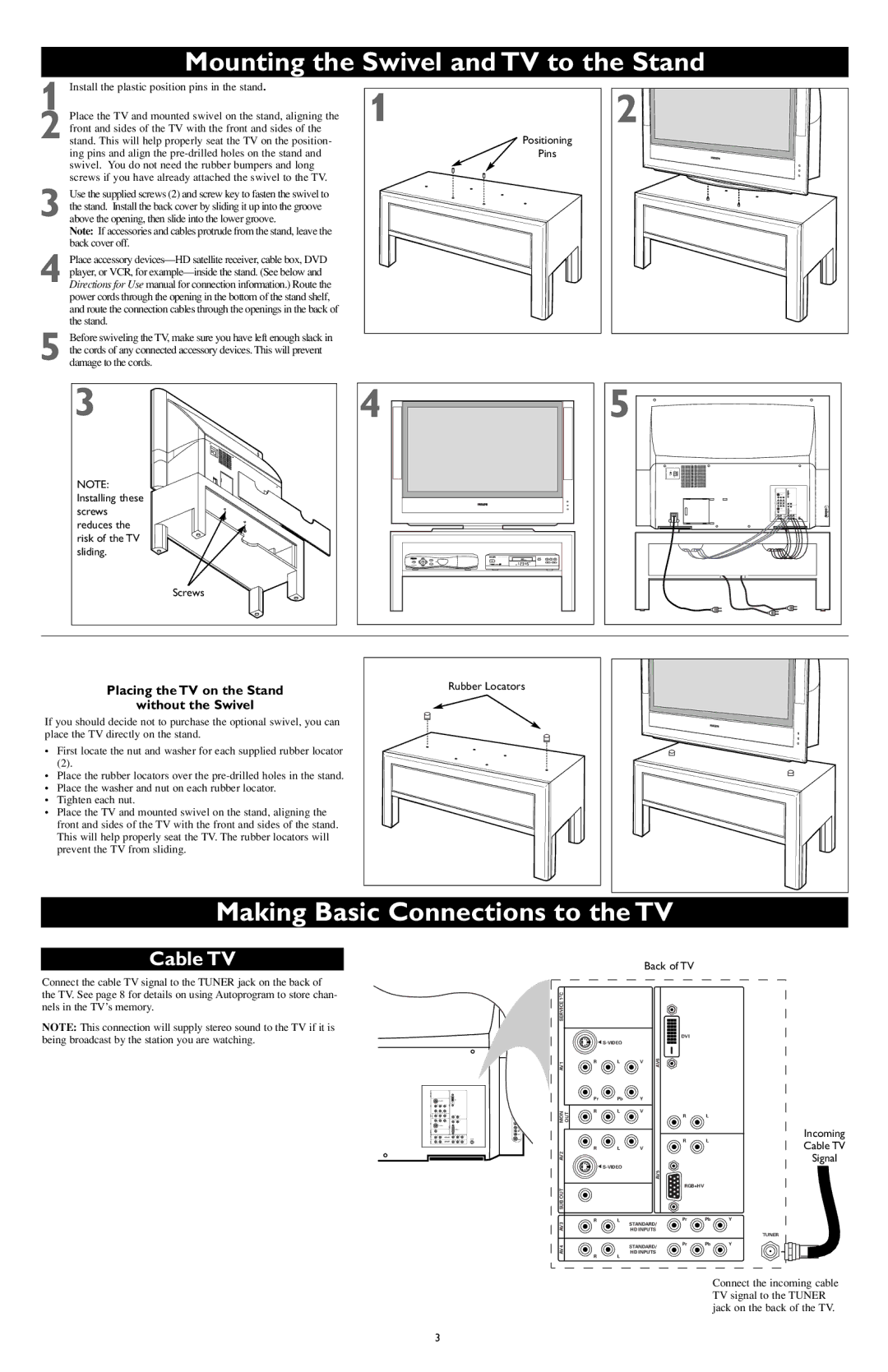 Philips AV2, AV4, AV3, AV6, AV5 Mounting the Swivel and TV to the Stand, Making Basic Connections to the TV, Cable TV 