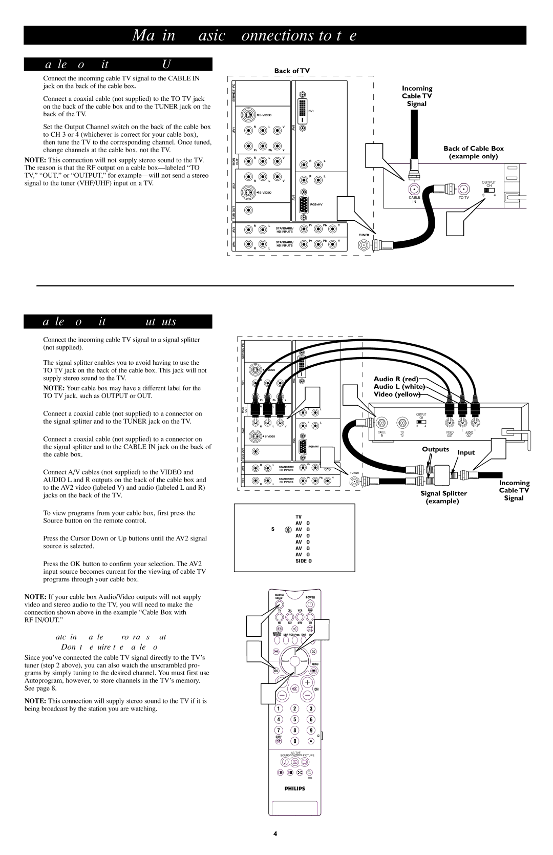 Philips AV5, AV4, AV3, AV6, AV2 user manual Cable Box with RF IN/OUT, Cable Box with A/V Outputs, Back of TV, Back of Cable Box 