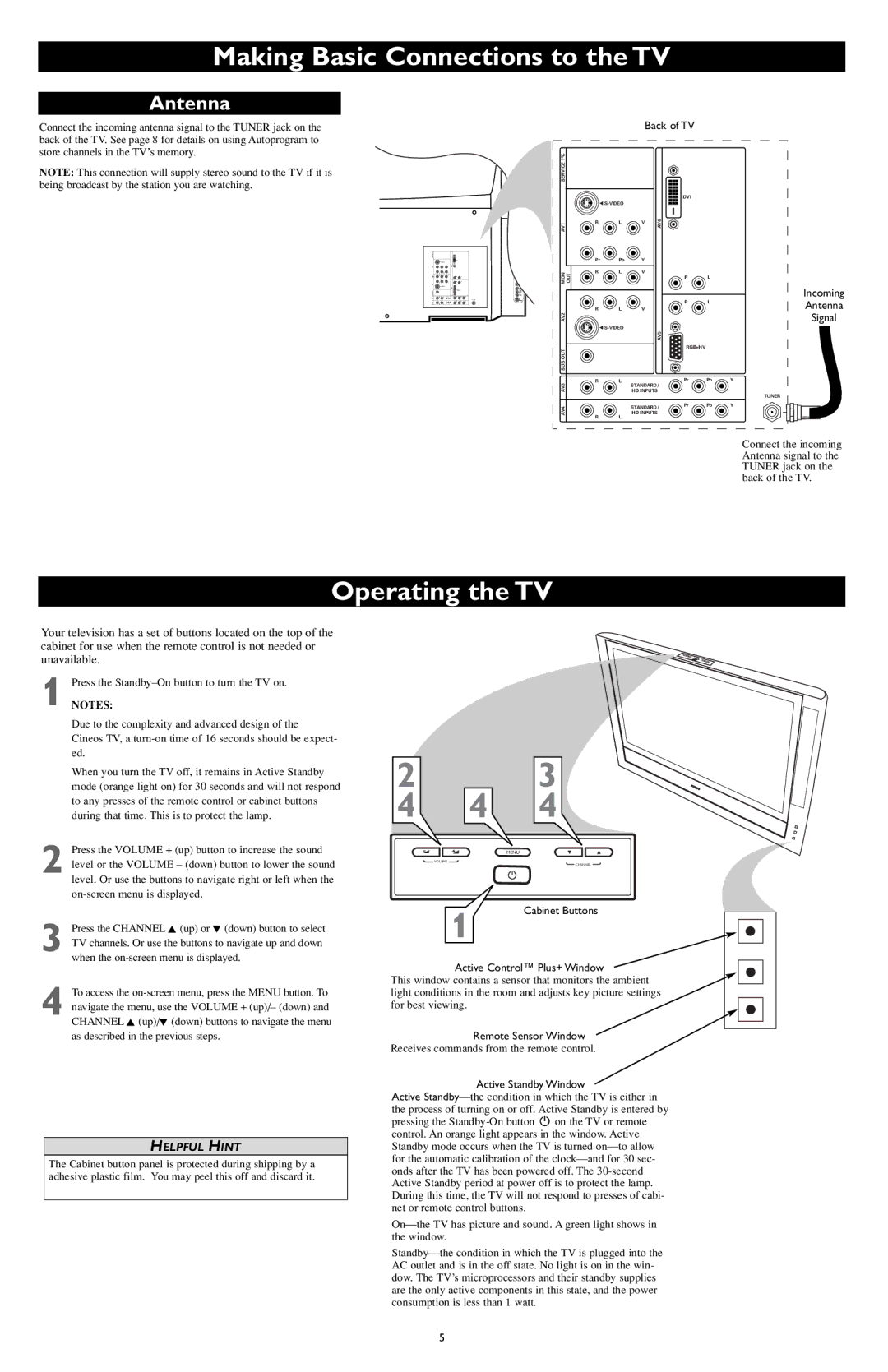 Philips AV4, AV3, AV6, AV2, AV5 user manual Operating the TV, Antenna 