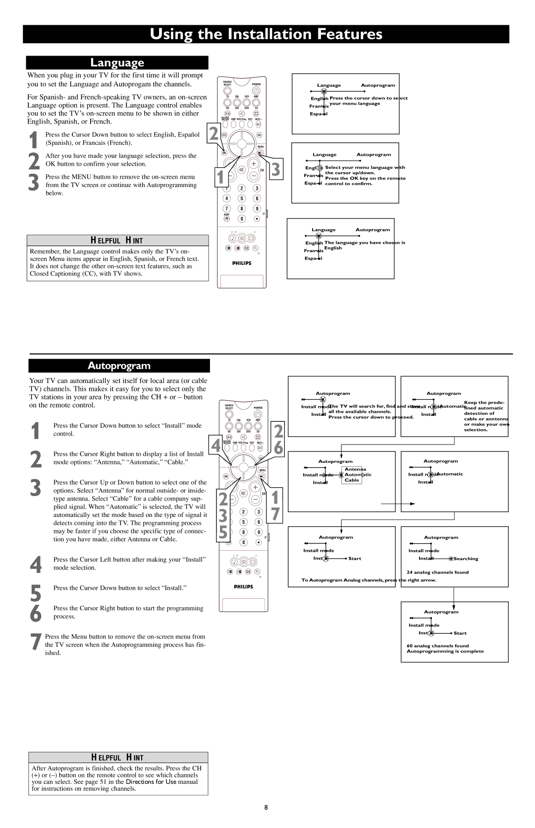 Philips AV2, AV4, AV3, AV6, AV5 user manual Using the Installation Features, Language 