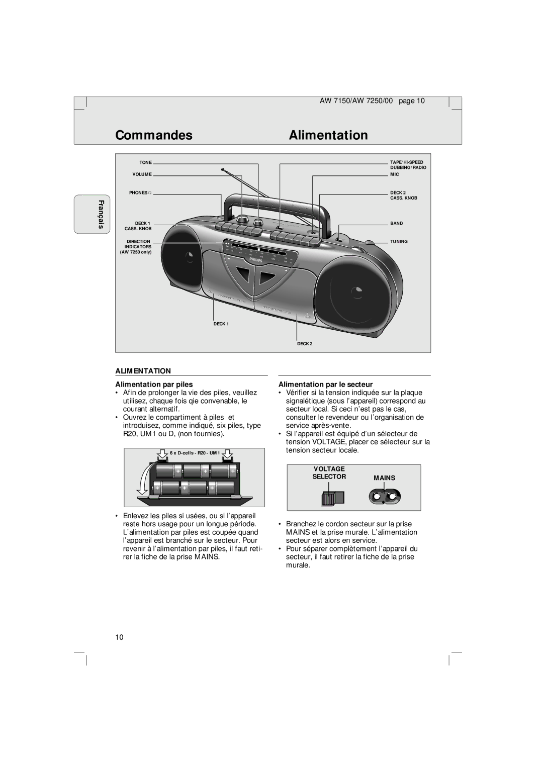 Philips AW 7150/04S, AW 7250/04S manual CommandesAlimentation, Alimentation par piles, Alimentation par le secteur 