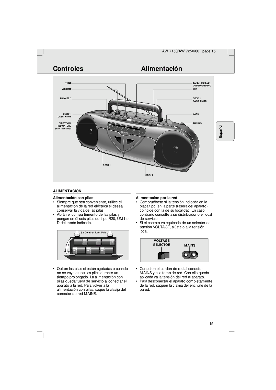 Philips AW 7250/04S, AW 7150/04S manual ControlesAlimentación, Español, Alimentación con pilas, Alimentación por la red 