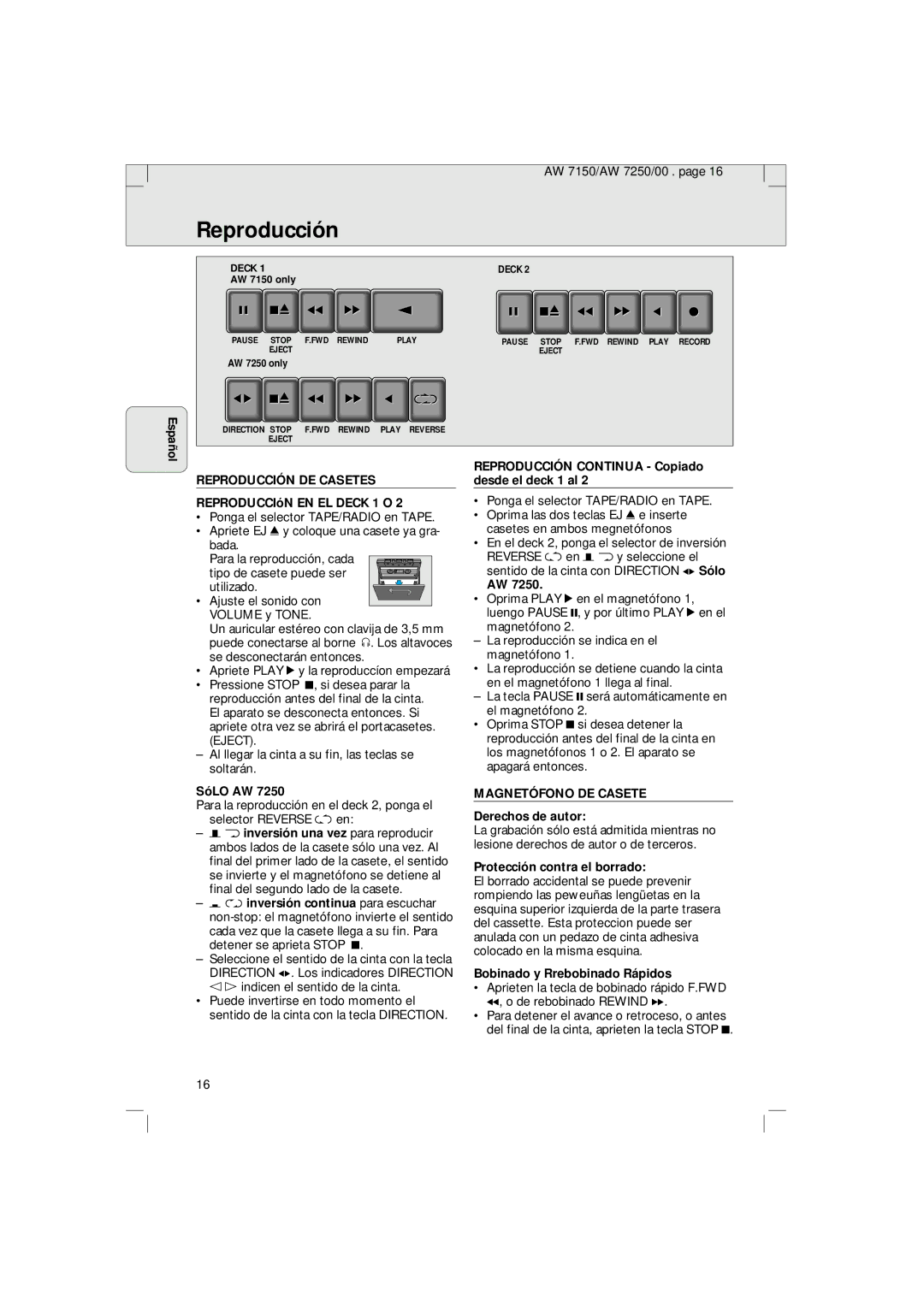 Philips AW 7150/04S, AW 7250/04S manual Reproducción DE Casetes, Magnetófono DE Casete 