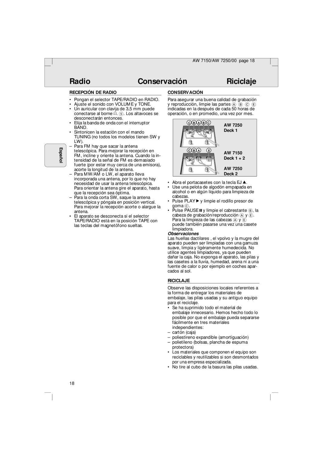 Philips AW 7150/04S, AW 7250/04S manual Radio Conservación, Recepción DE Radio, Riciclaje 