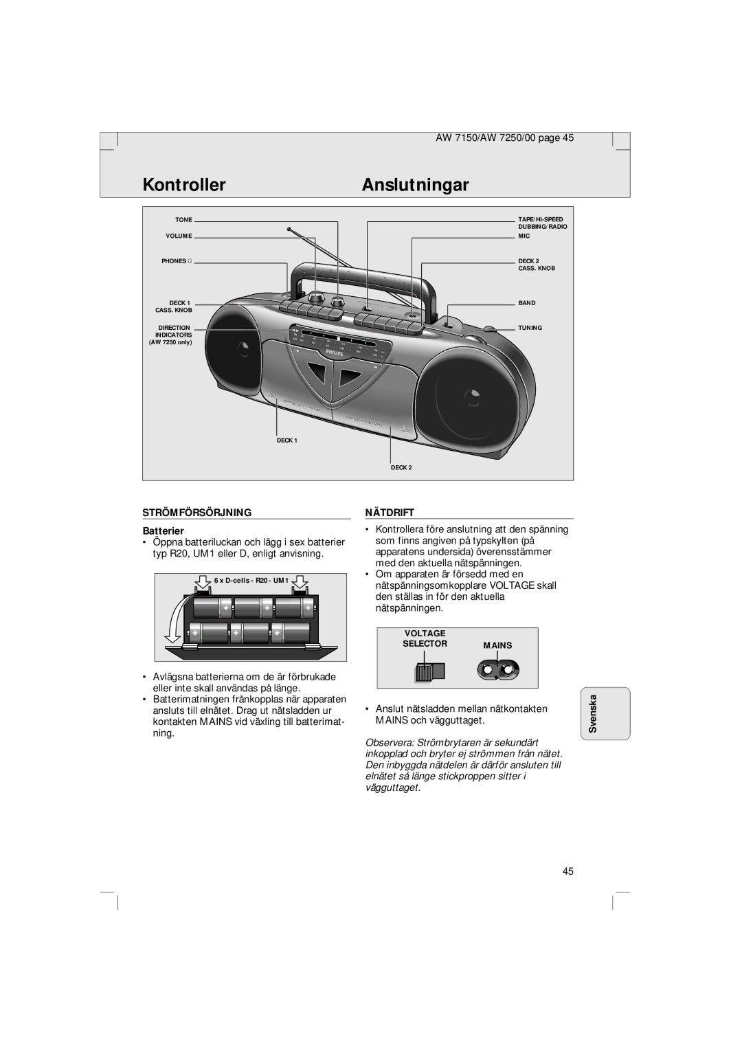 Philips AW 7250/04S, AW 7150/04S manual KontrollerAnslutningar, Svenska, Strömförsörjning, Batterier, Nätdrift 