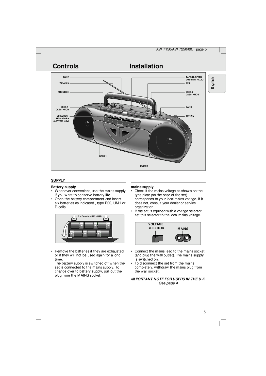 Philips AW 7250/04S, AW 7150/04S manual ControlsInstallation, English, Supply, Battery supply, Mains supply 