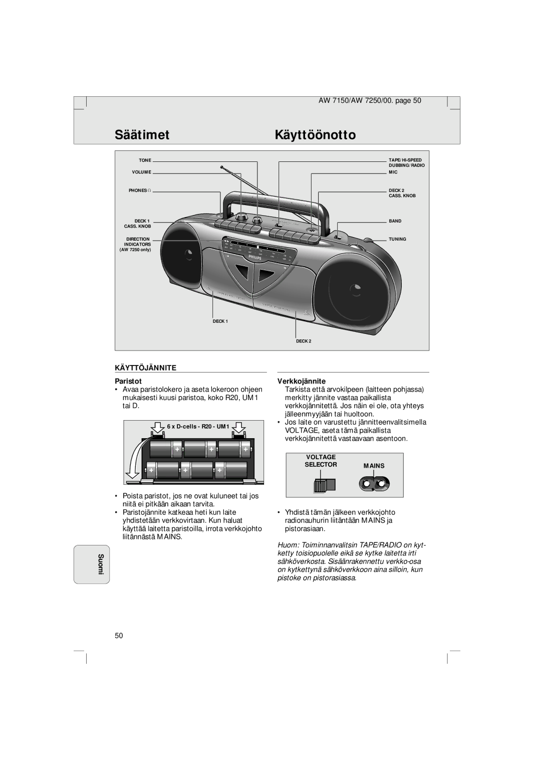 Philips AW 7150/04S, AW 7250/04S manual SäätimetKäyttöönotto, Suomi, Käyttöjännite, Paristot, Verkkojännite 