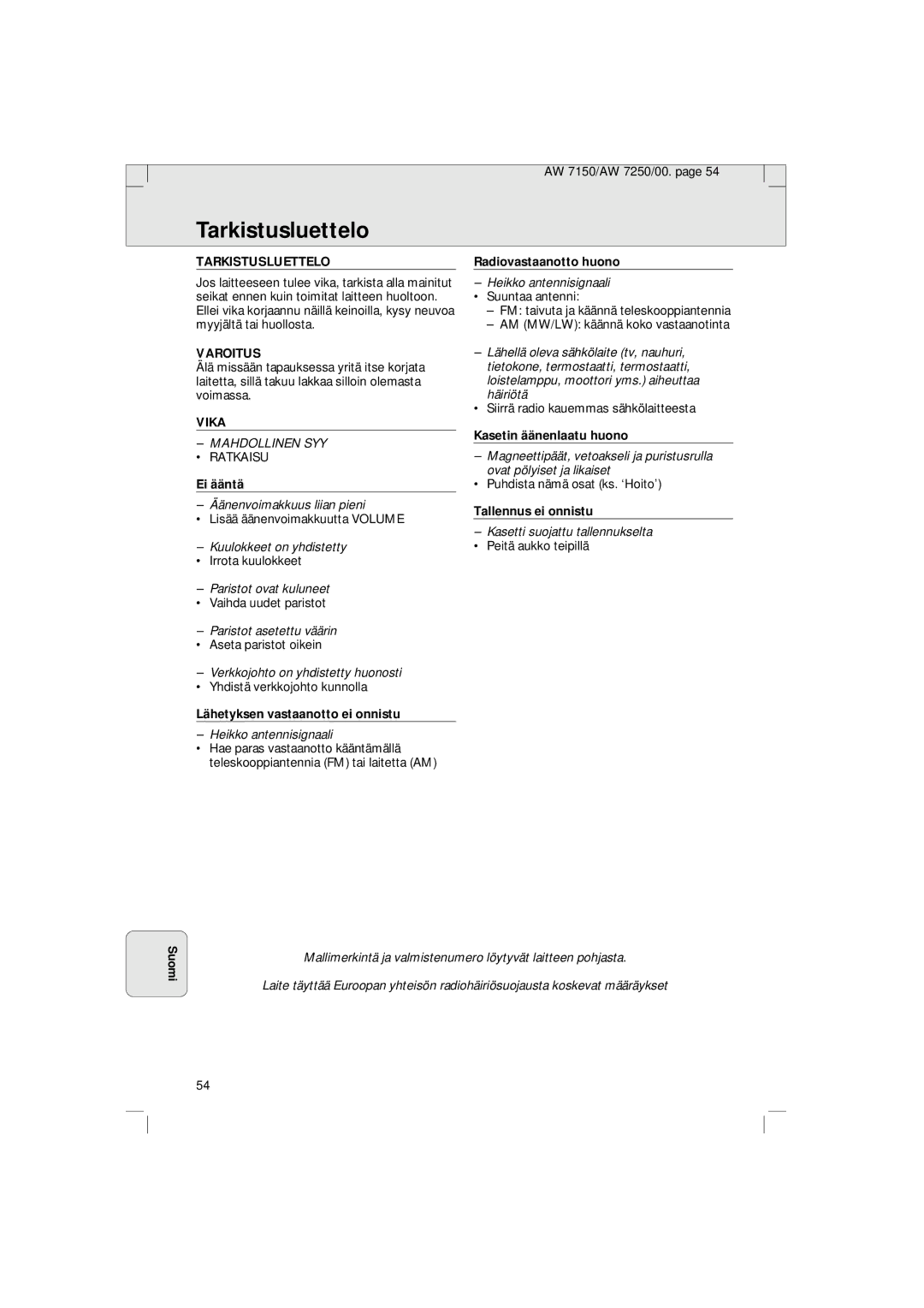 Philips AW 7150/04S, AW 7250/04S manual Tarkistusluettelo, Varoitus, Vika 