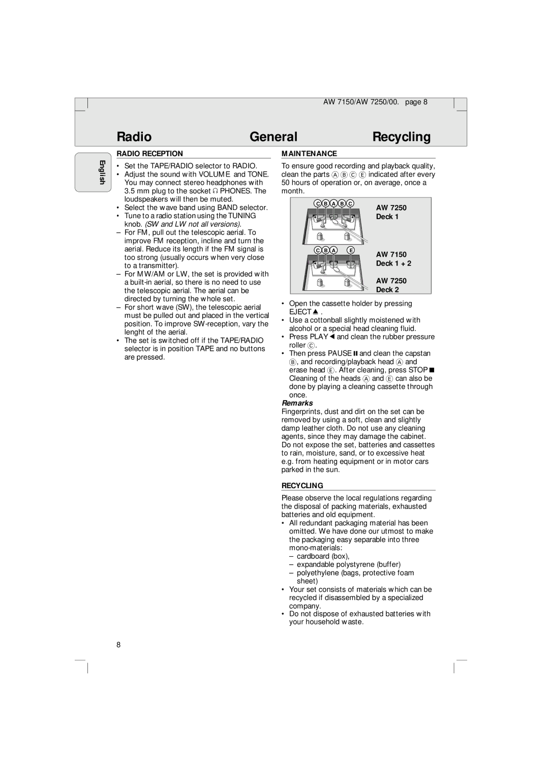 Philips AW 7150/04S, AW 7250/04S manual Radio General, Radio Reception, Maintenance, Deck Deck 1 +, Recycling 