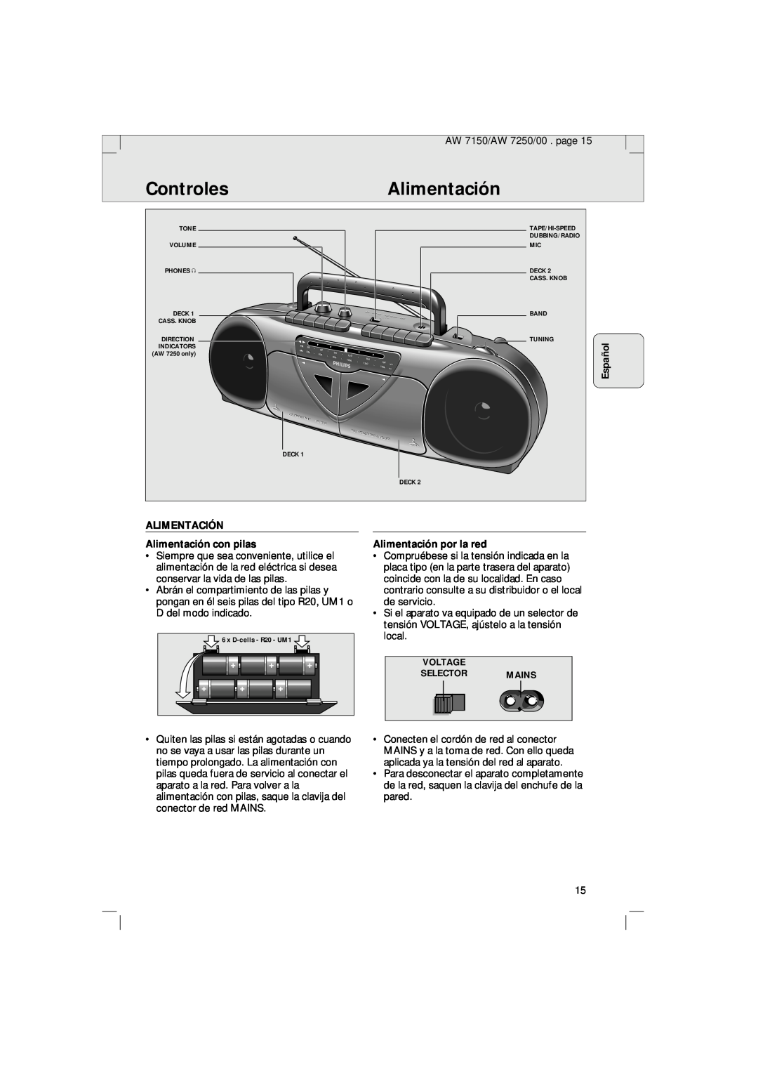 Philips AW 7250/04S manual ControlesAlimentación, Español, ALIMENTACIÓN Alimentación con pilas, Alimentación por la red 