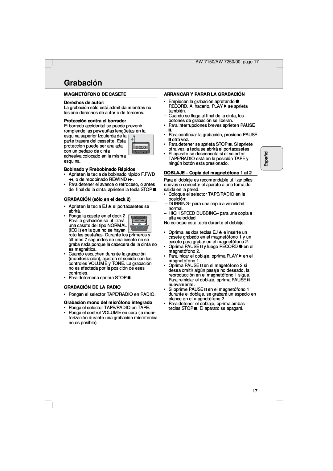 Philips AW 7250/04S, AW 7150/04S Grabación, Español, MAGNETÓFONO DE CASETE Derechos de autor, Protección contra el borrado 