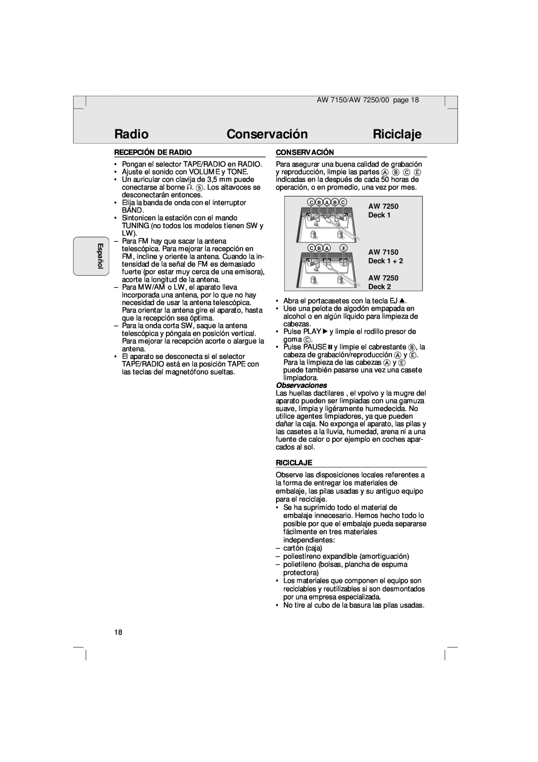 Philips AW 7150/04S manual Conservación, Riciclaje, Español, Recepción De Radio, Deck 1 + AW Deck, Observaciones 