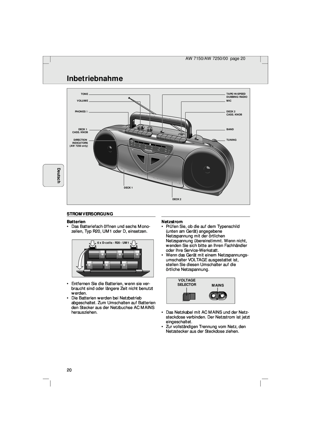 Philips AW 7150/04S, AW 7250/04S manual Inbetriebnahme, Deutsch, STROMVERSORGUNG Batterien, Netzstrom 