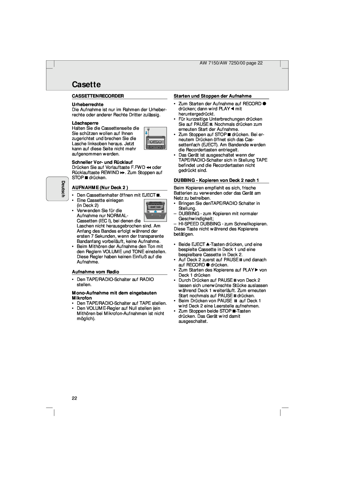 Philips AW 7150/04S manual Casette, Deutsch, CASSETTENRECORDER Urheberrechte, Starten und Stoppen der Aufnahme, Löschsperre 