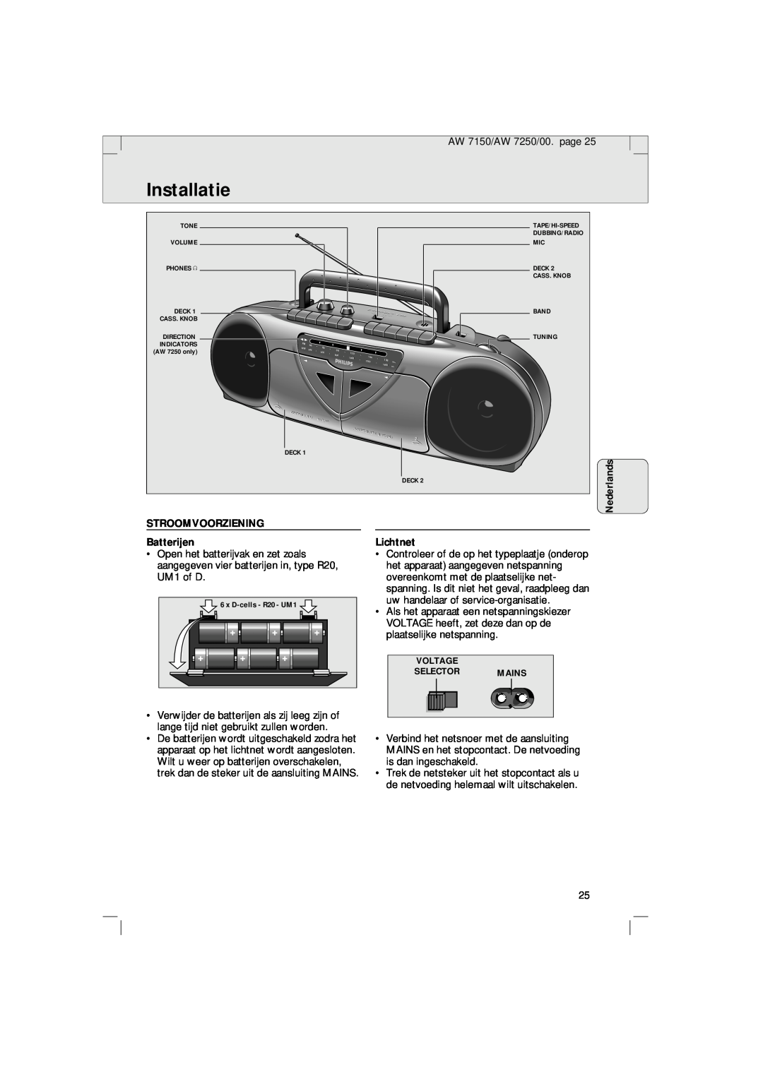 Philips AW 7250/04S, AW 7150/04S manual Installatie, STROOMVOORZIENING Batterijen, Lichtnet 