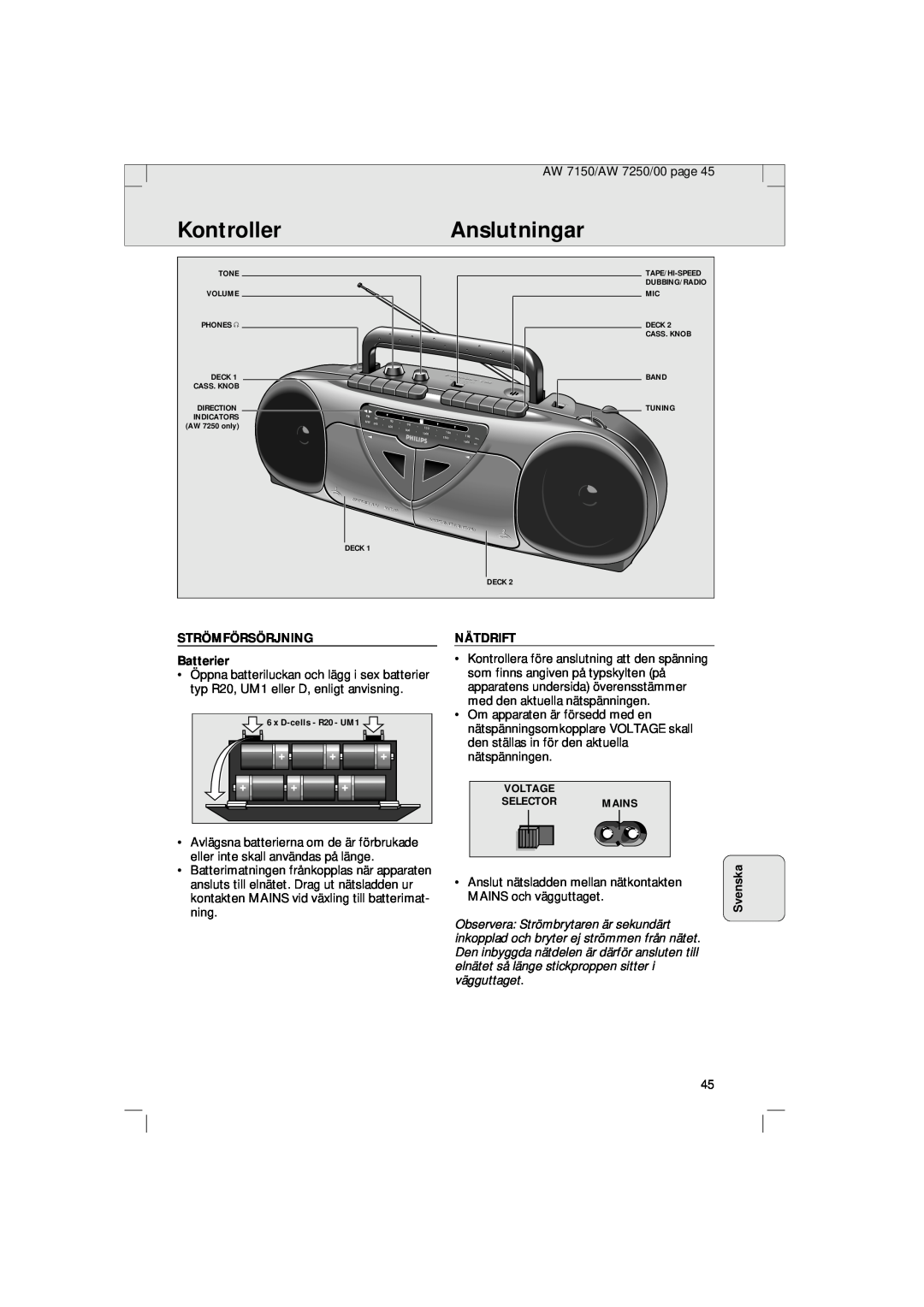 Philips AW 7250/04S, AW 7150/04S manual KontrollerAnslutningar, Svenska, STRÖMFÖRSÖRJNING Batterier, Nätdrift 