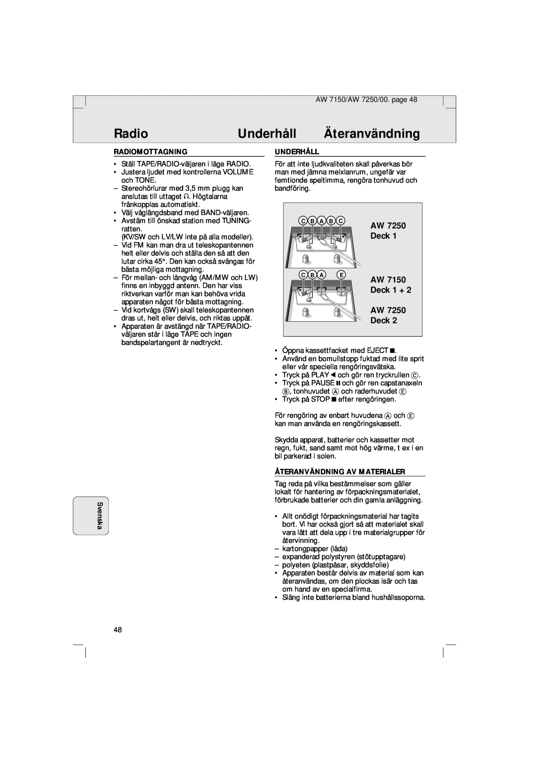 Philips AW 7150/04S, AW 7250/04S manual Underhåll, Äteranvändning, Svenska, Deck 1 + AW Deck, Radiomottagning 