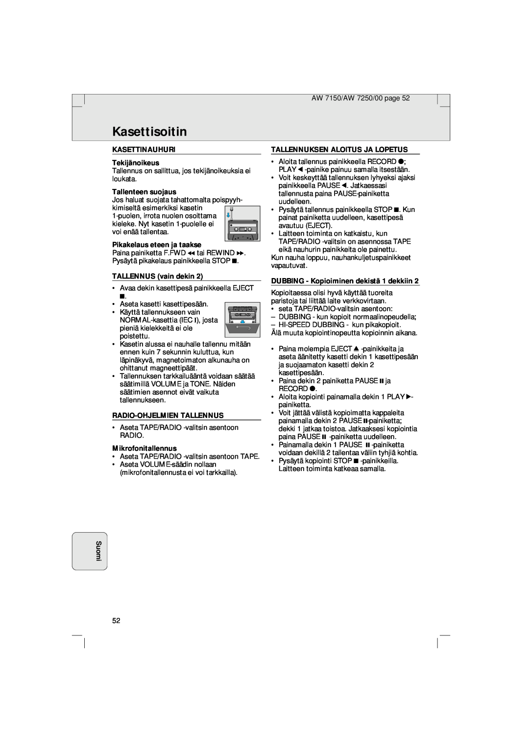 Philips AW 7150/04S Kasettisoitin, Suomi, KASETTINAUHURI Tekijänoikeus, Tallenteen suojaus, Pikakelaus eteen ja taakse 