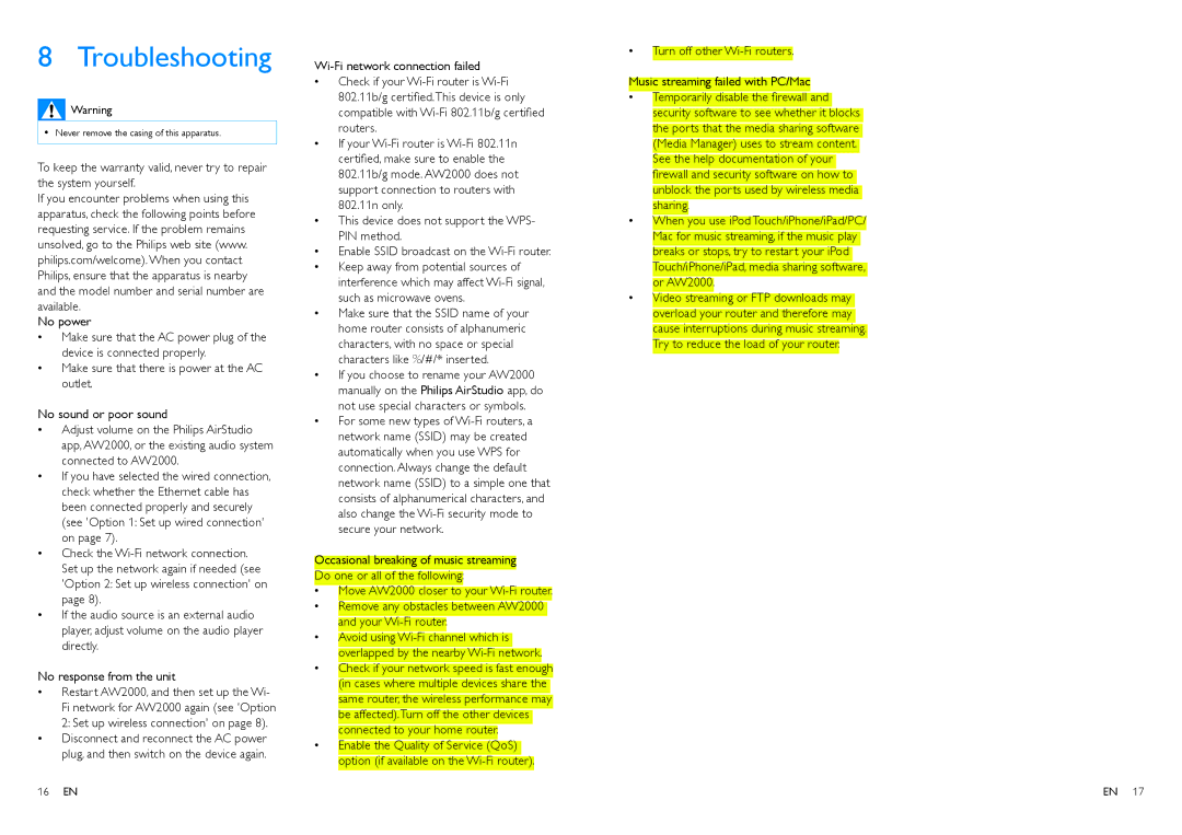 Philips AW2000 user manual Troubleshooting, 16 EN 