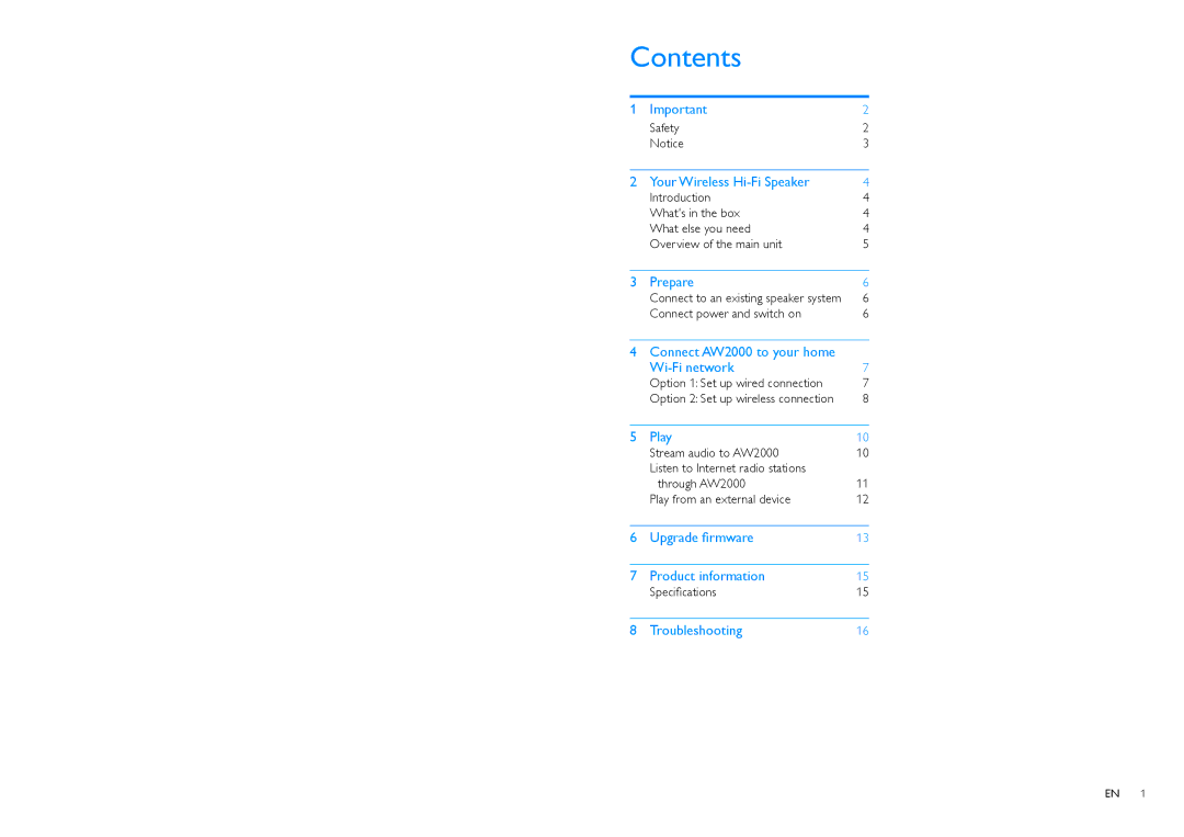 Philips AW2000 user manual Contents 