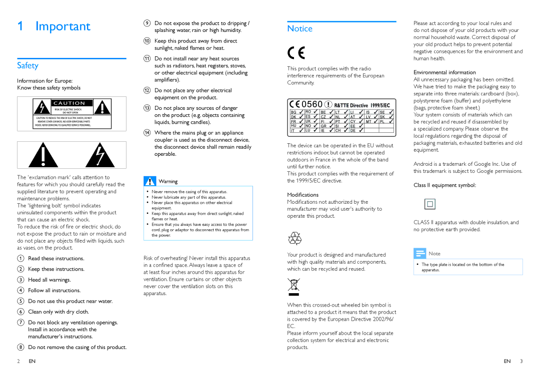 Philips AW2000 user manual Safety, Do not remove the casing of this product 