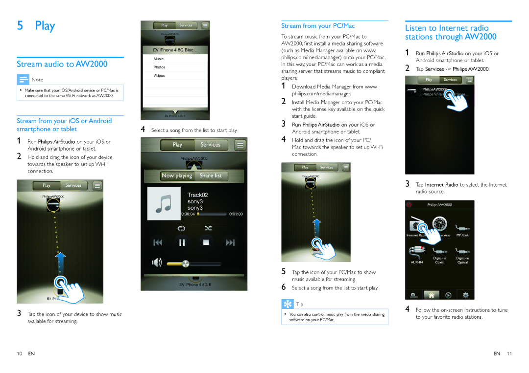 Philips user manual Play, Stream audio to AW2000 