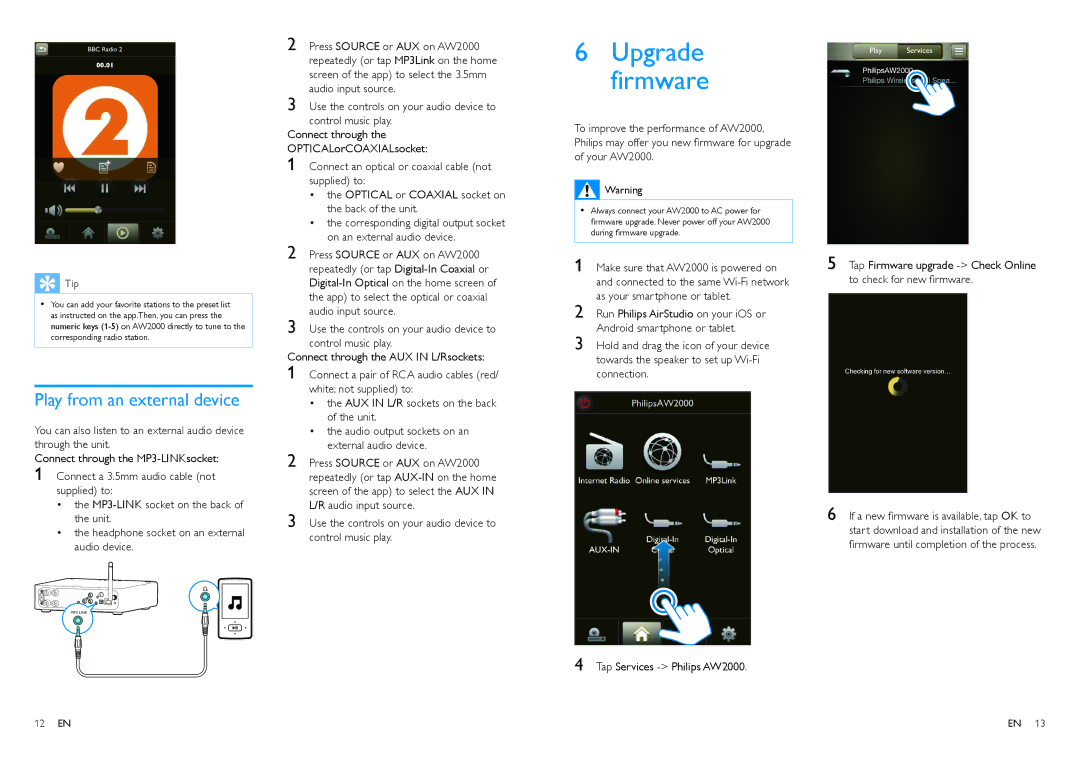 Philips AW2000 user manual Upgrade firmware, Play from an external device 