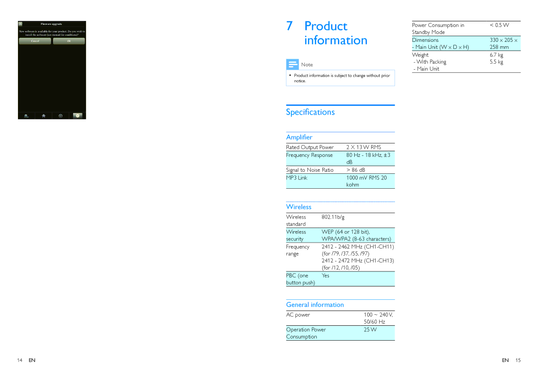 Philips AW2000 user manual Product information, Specifications 