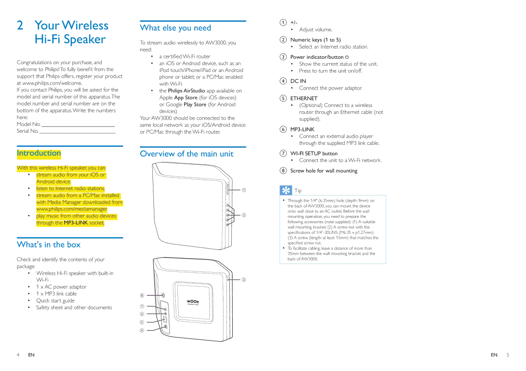 Philips AW3000 What else you need, Introduction, Whats in the box, Overview of the main unit, ‡ DFhuwlàhgLLUrxwhu 