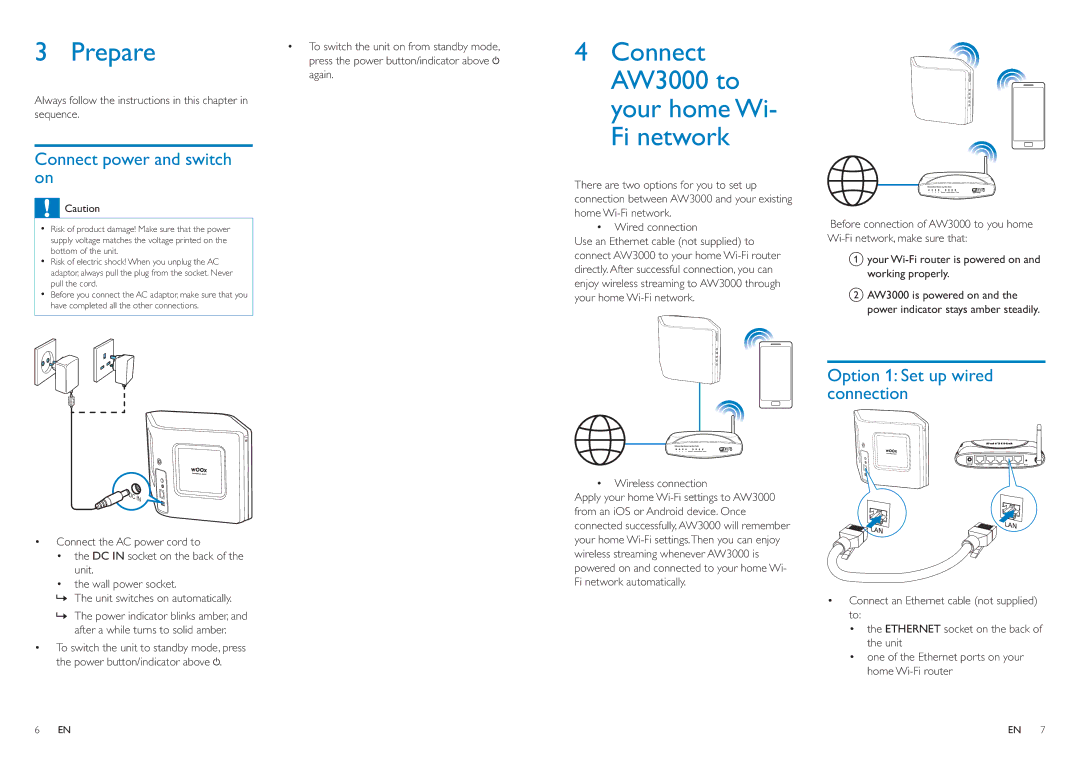 Philips Prepare, Connect AW3000 to your homeWi- Fi network, Connect power and switch on, ‡ Wireless connection 