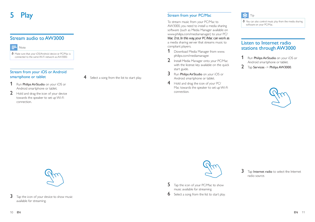 Philips user manual Play, Stream audio to AW3000, Select a song from the list to start play 