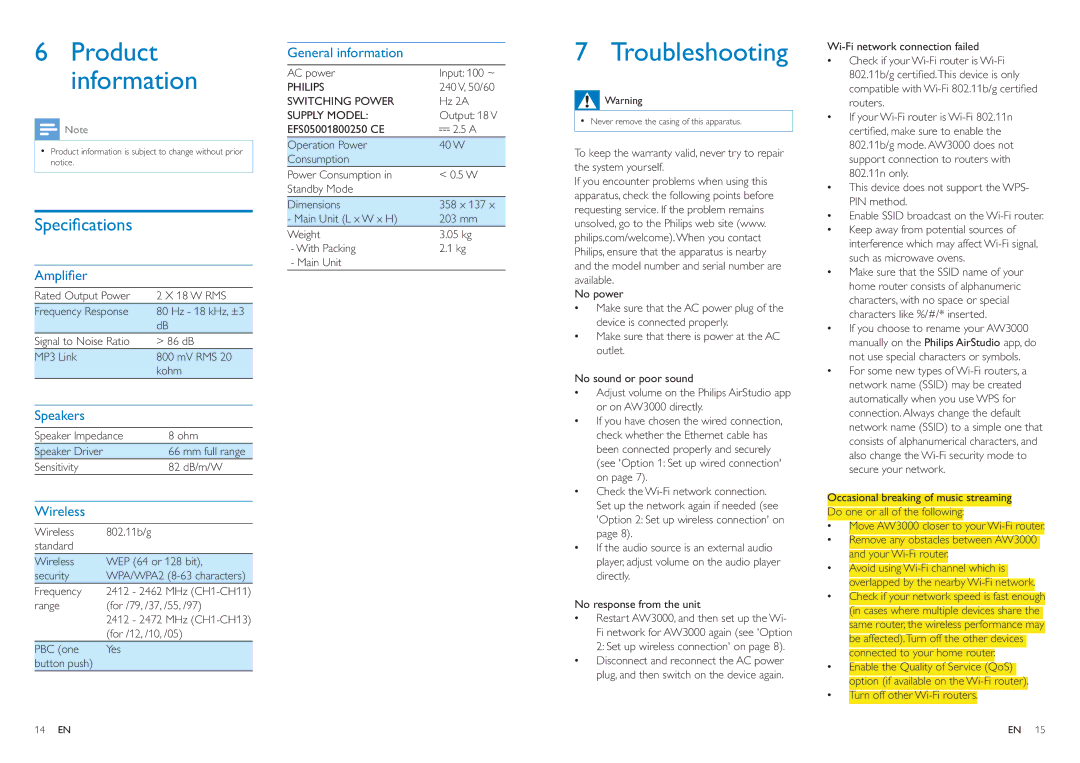 Philips AW3000 user manual Product information, Troubleshooting, Philips, Switching Power, Supply Model 