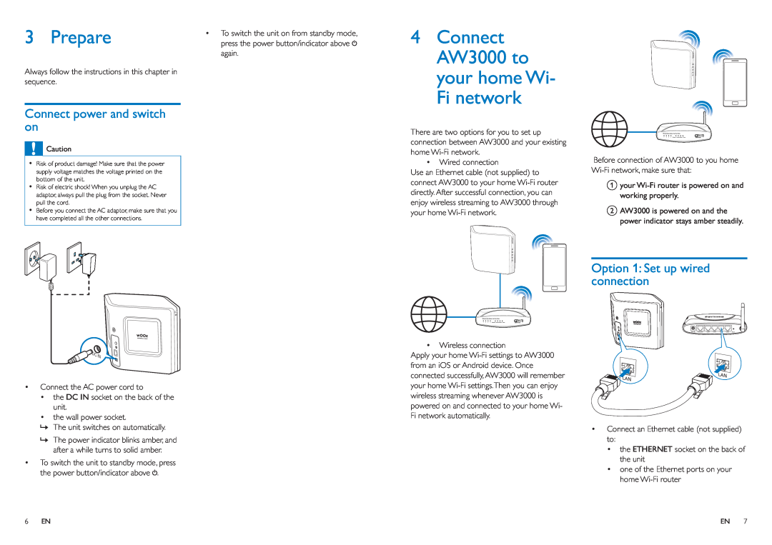 Philips user manual Prepare, 4Connect AW3000 to your homeWi- Fi network, Connect power and switch on 