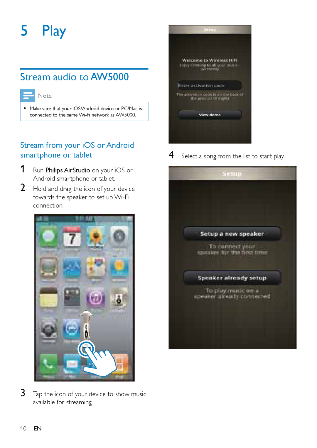 Philips user manual Play, Stream audio to AW5000 