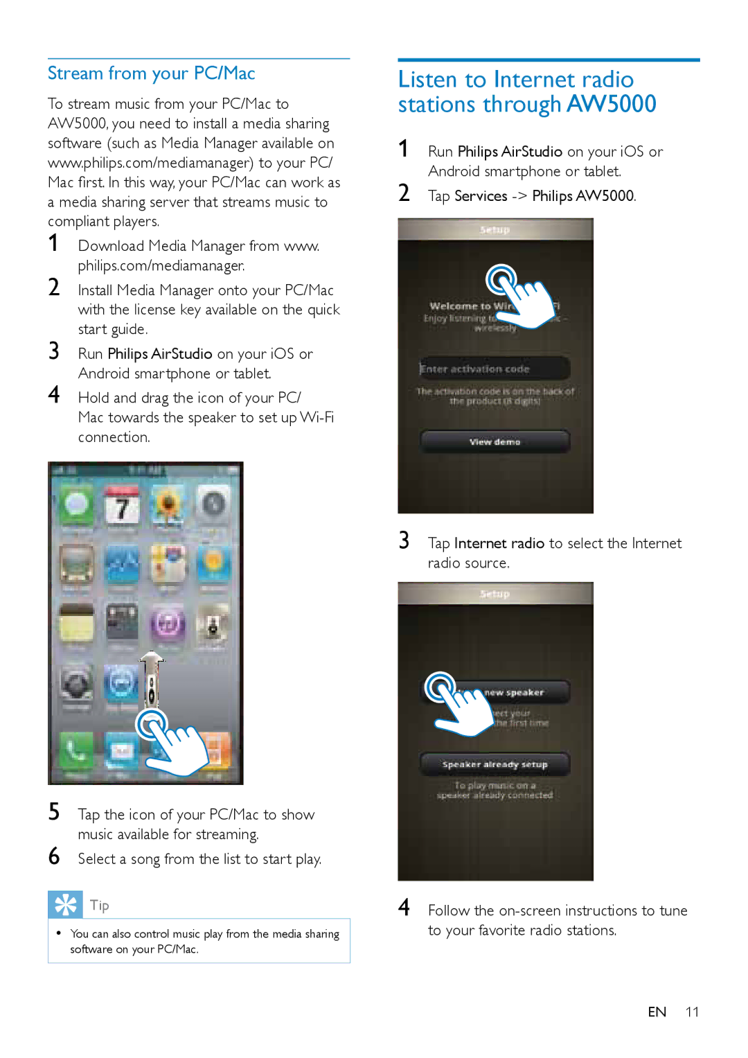 Philips user manual Listen to Internet radio stations through AW5000 