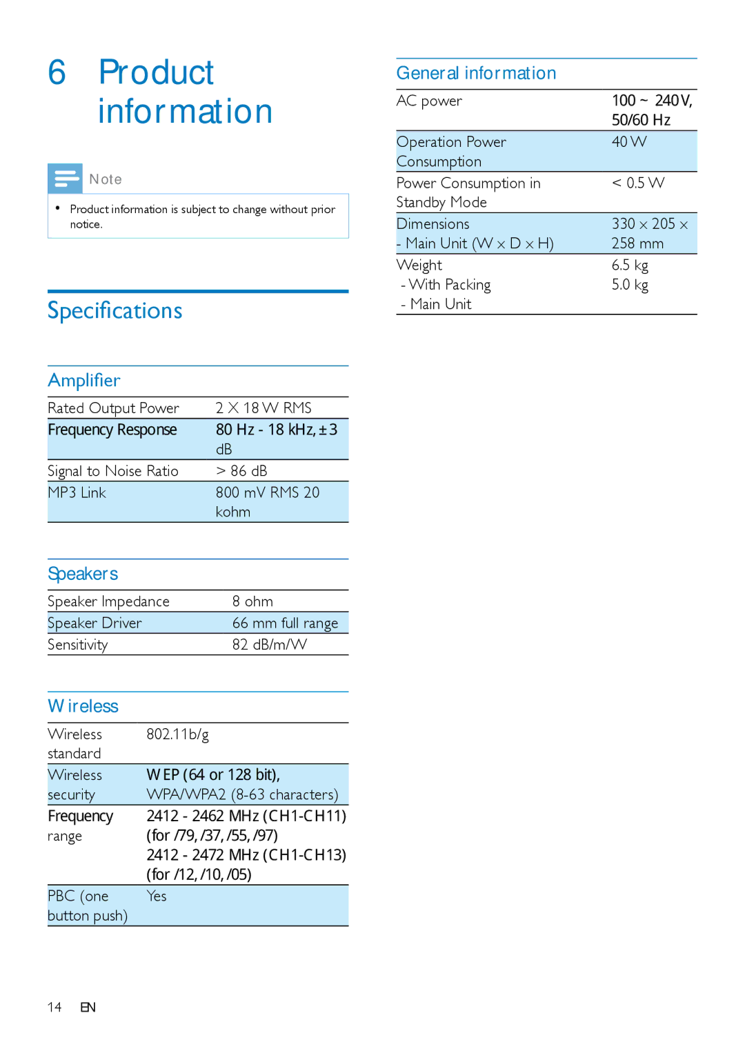 Philips AW5000 user manual Product information, Specifications 