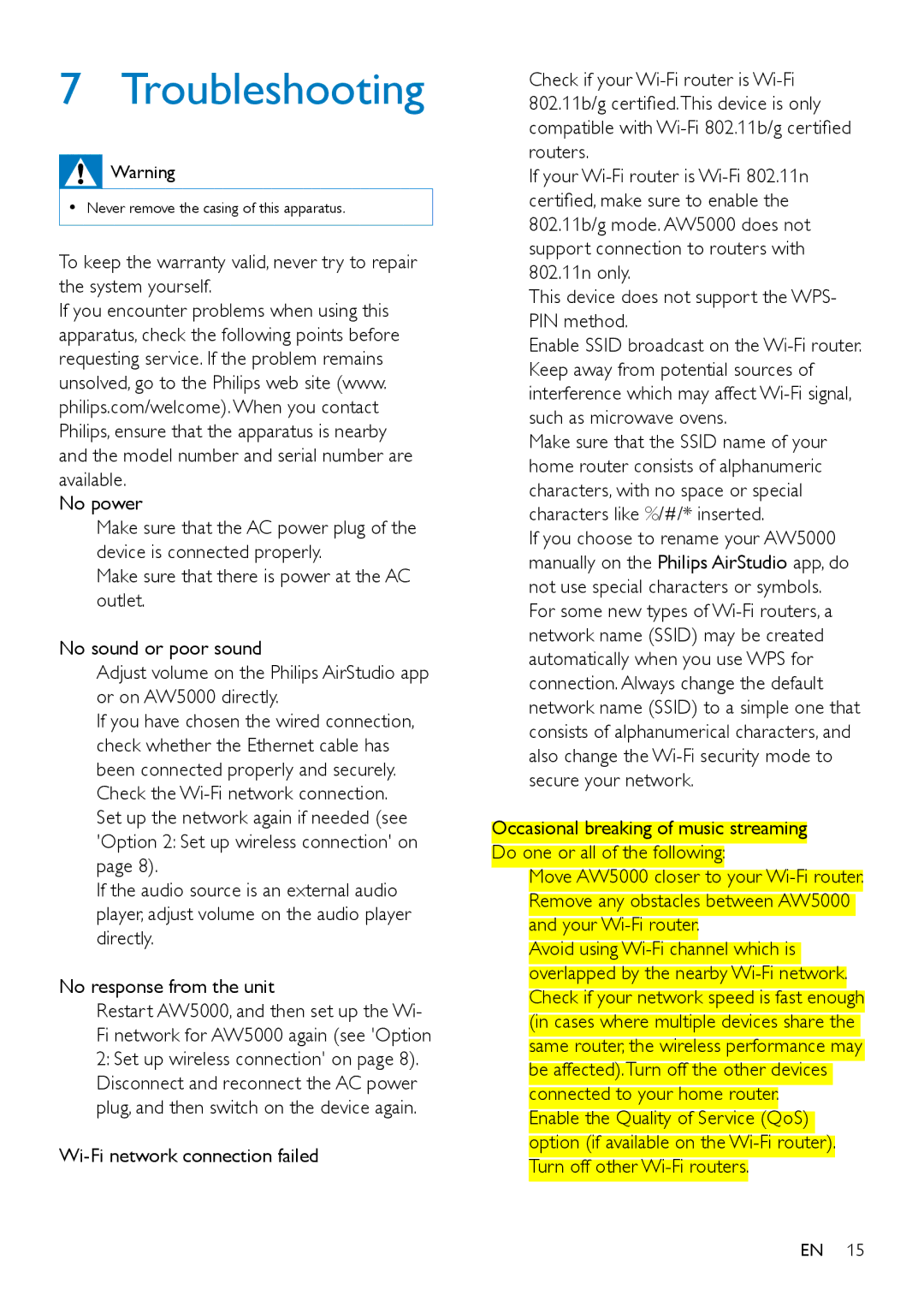 Philips AW5000 user manual Troubleshooting, Set up wireless connection on, Turn off other Wi-Fi routers 