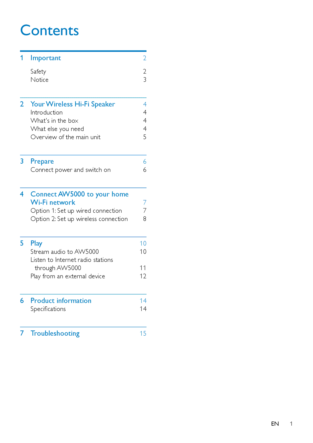 Philips AW5000 user manual Contents 