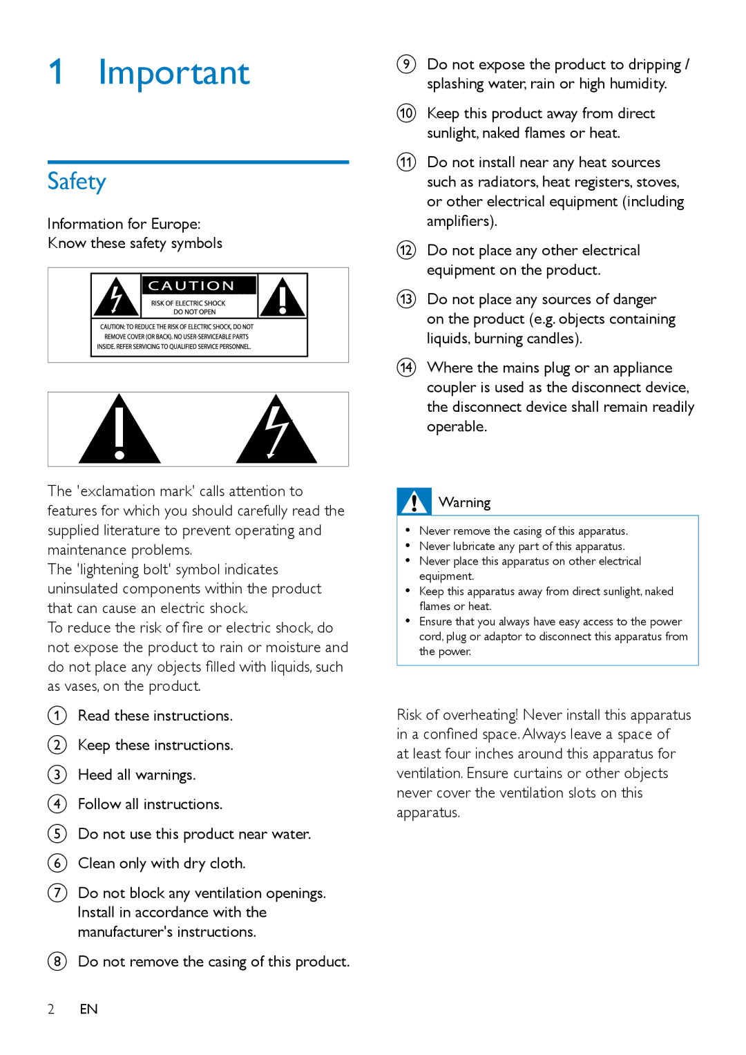 Philips AW5000 user manual Safety, Do not remove the casing of this product 