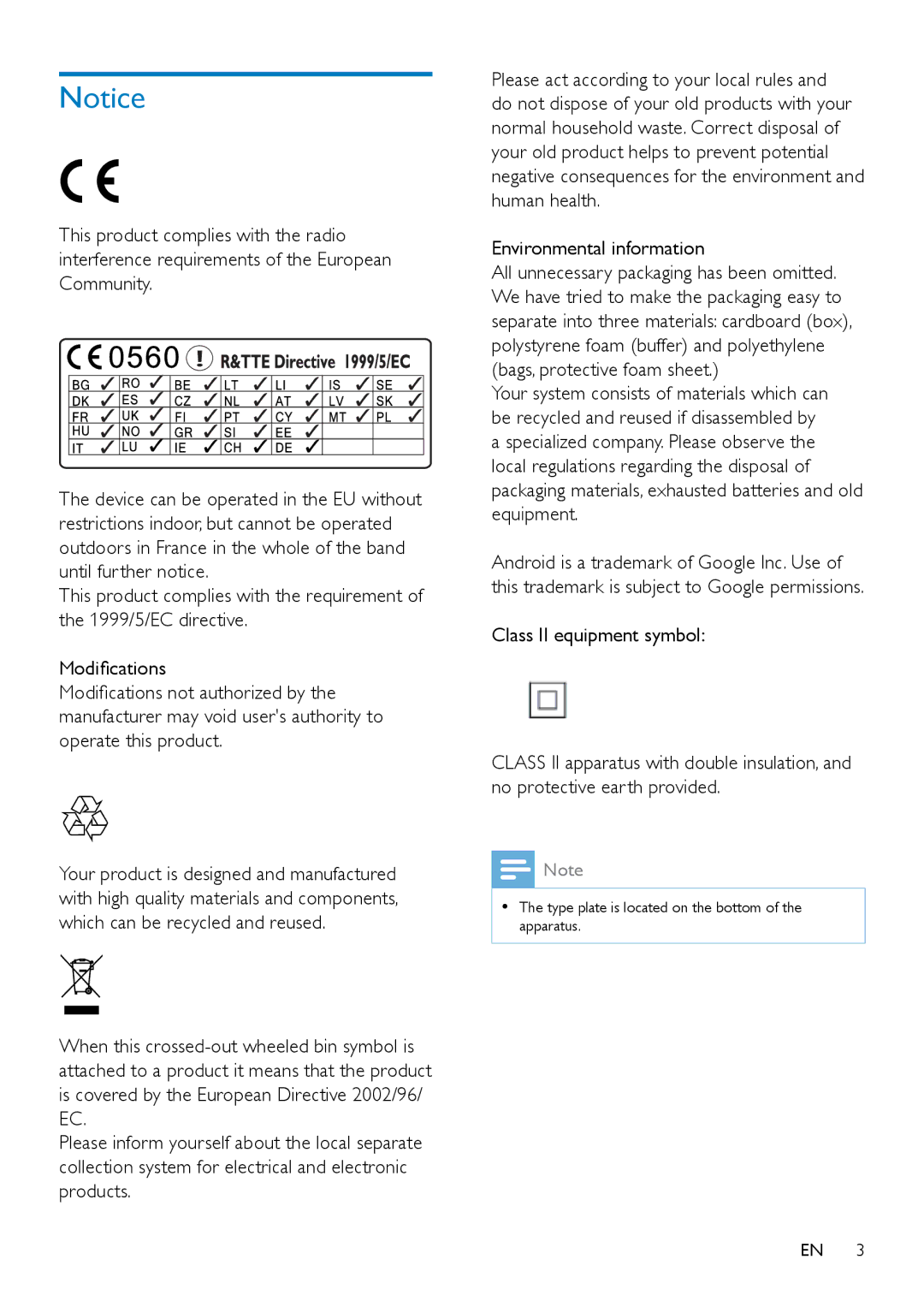 Philips AW5000 user manual Environmental information, Class II equipment symbol 