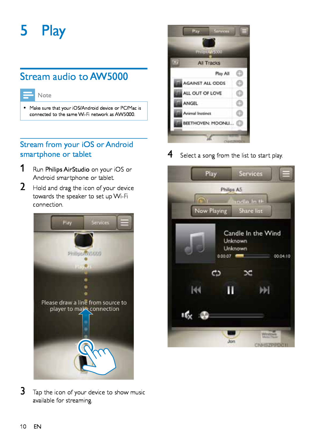 Philips user manual Play, Stream audio to AW5000 