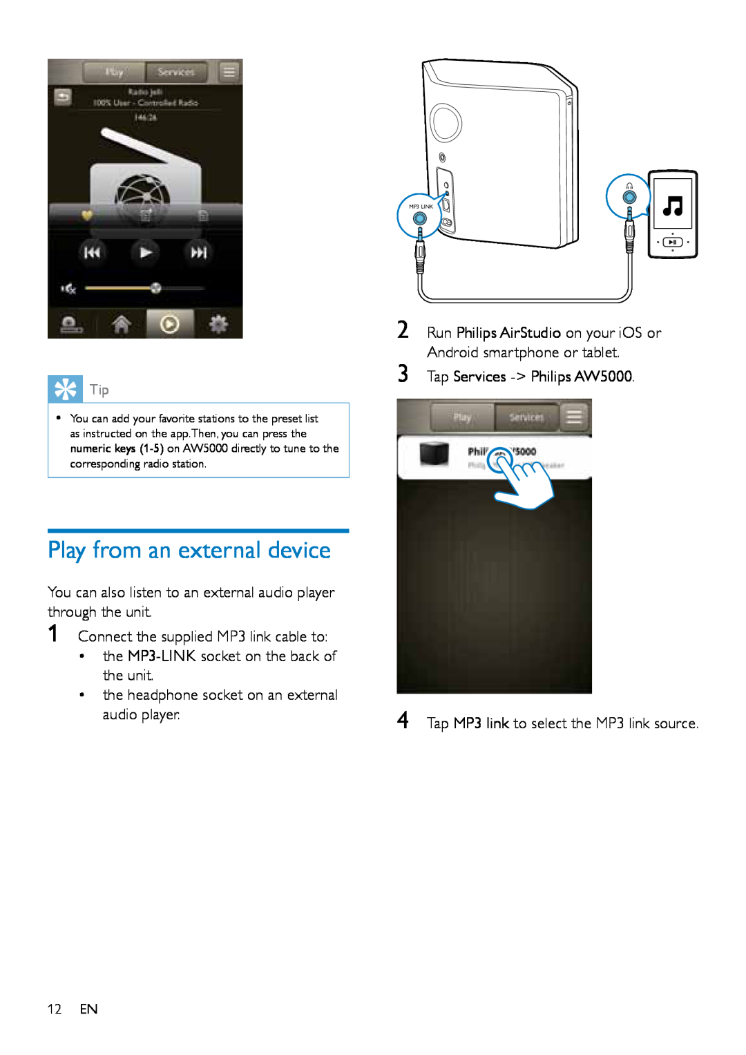 Philips AW5000 user manual Play from an external device 